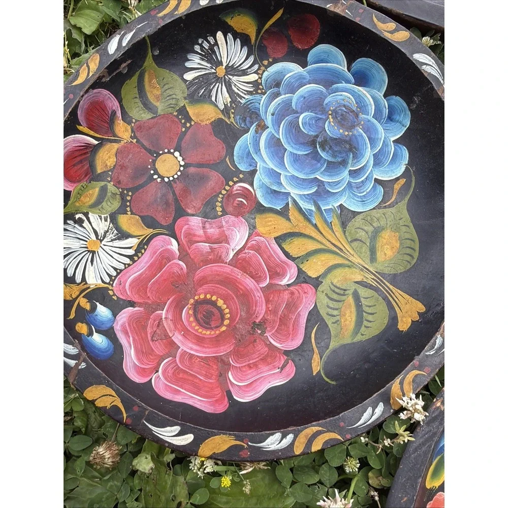 Vintage Mexican Hand-Painted Wooden Batea Bowl • Set Of 4 Peacocks Flowers - Picture 7 of 11
